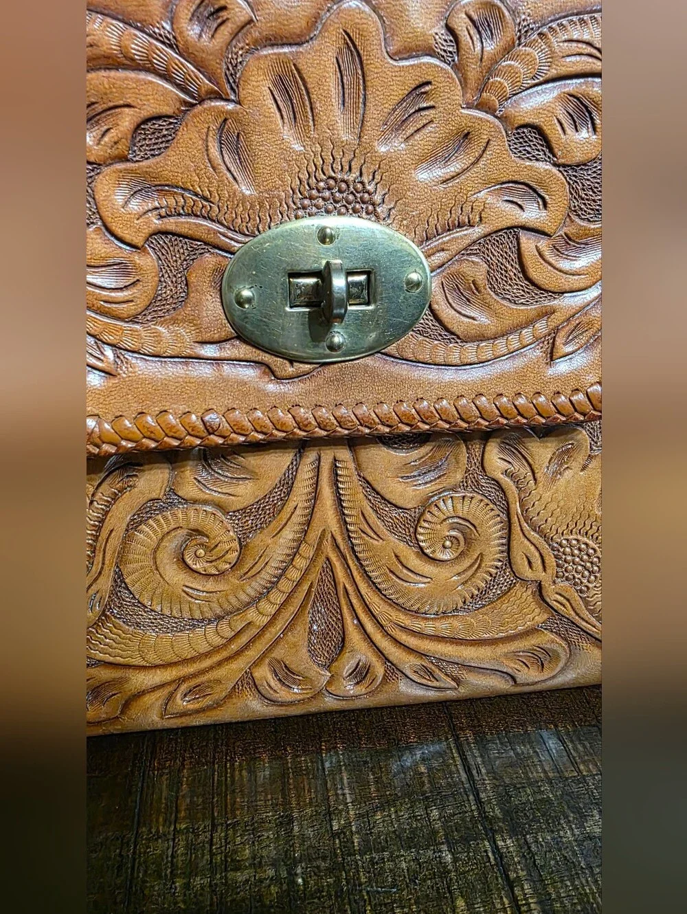 Vintage 70's Hand Tooled Leather Western Granny Handbag